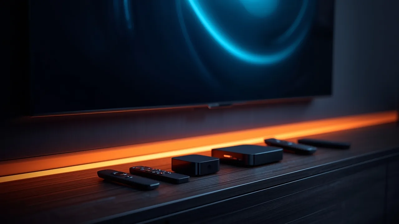 A row of streaming boxes and remote controls on a dark console lit by an orange strip light, with a television screen glowing softly behind