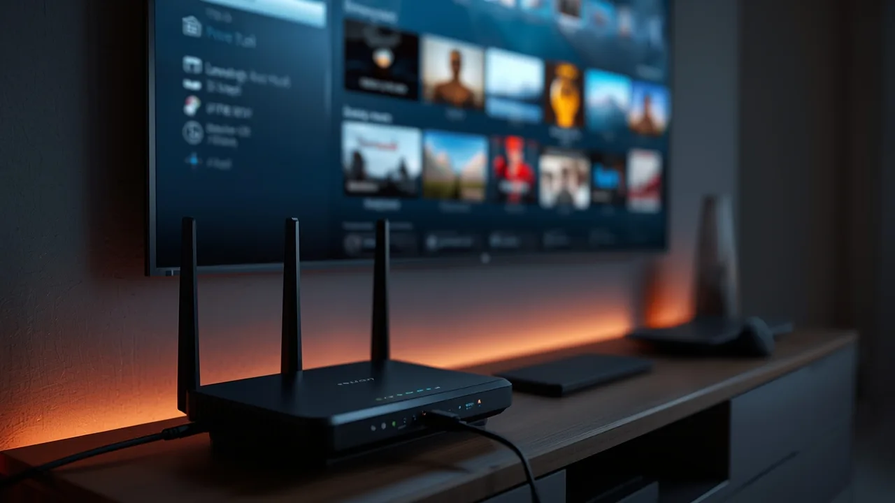 A wireless router with upright antennas and an ethernet cable plugged in, with a smart TV showing a streaming interface blurred behind it