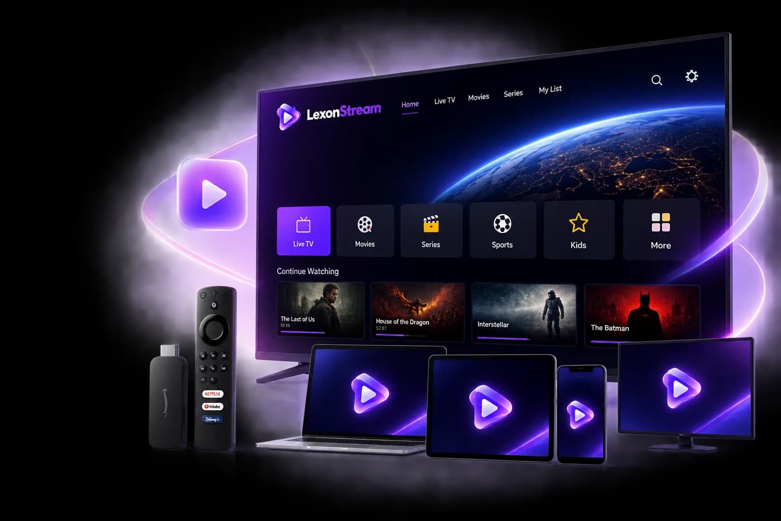 The LexonStream IPTV interface on a smart TV, with the same service open on a laptop, tablet, phone, monitor and streaming stick