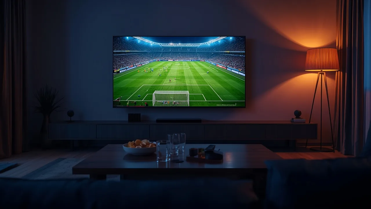 A wall-mounted television in a dark living room showing a live football match in a floodlit stadium, with a lamp glowing orange beside it and snacks on the coffee table